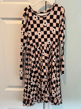 Girls' Black and Light Pink Checkered Floral Long Sleeve Dress